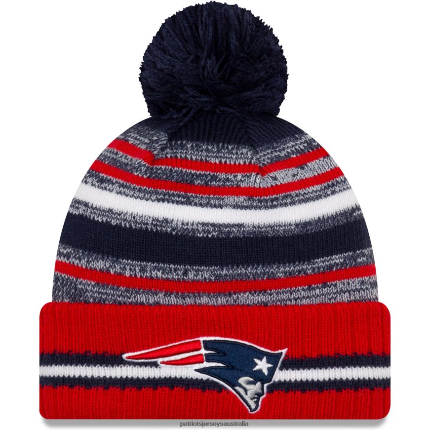 Men New Era Navy/Red 2021 NFL Sideline Sport Official Pom Cuffed Knit Hat ZZ06V2450 Patriots Jersey Accessories