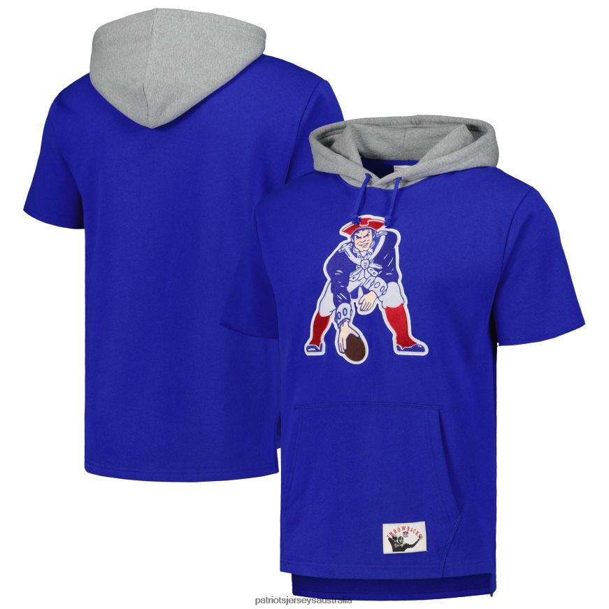 Men Mitchell & Ness Royal Postgame Short Sleeve Hoodie ZZ06V2494 Patriots Jersey Clothing
