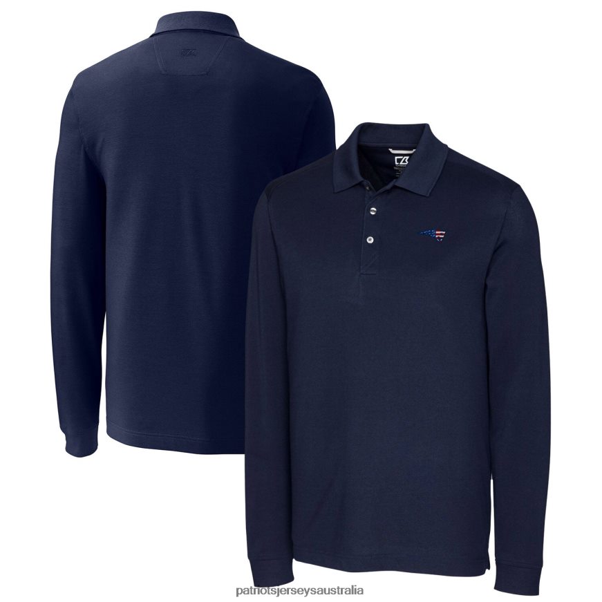 Men Cutter & Buck Navy Advantage Pique Long Sleeve Polo ZZ06V21568 Patriots Jersey Clothing
