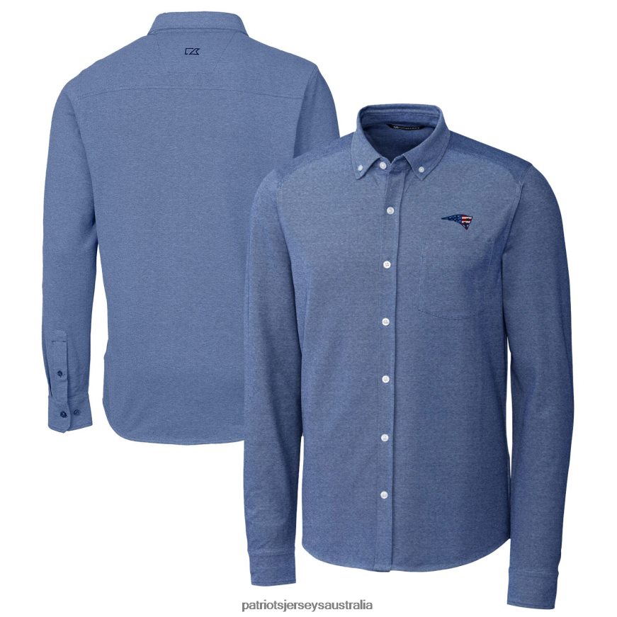 Men Cutter & Buck Blue Advantage Tri-Blend Pique Long Sleeve Button-Down Shirt ZZ06V21668 Patriots Jersey Clothing