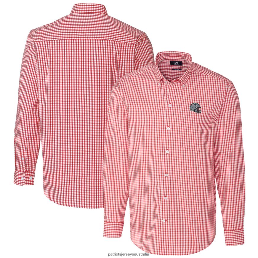 Men Cutter & Buck Red Helmet Easy Care Stretch Gingham Long Sleeve Button-Down Shirt ZZ06V21635 Patriots Jersey Clothing