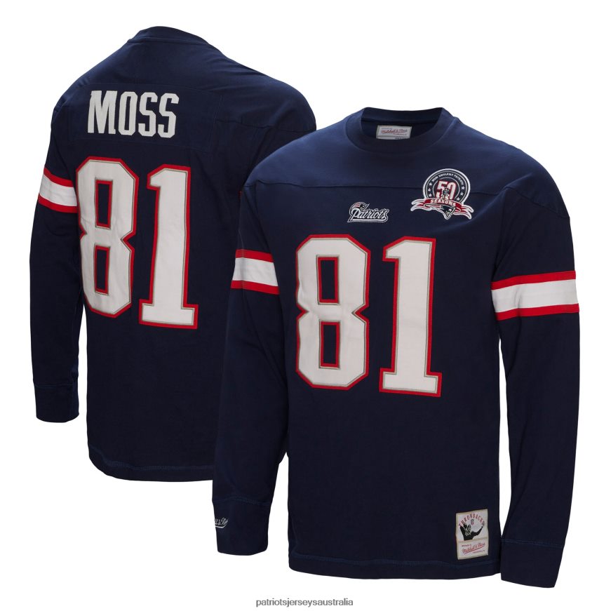 Men Mitchell & Ness Randy Moss Navy Retired Player Name & Number Long Sleeve Top ZZ06V21854 Patriots Jersey Clothing
