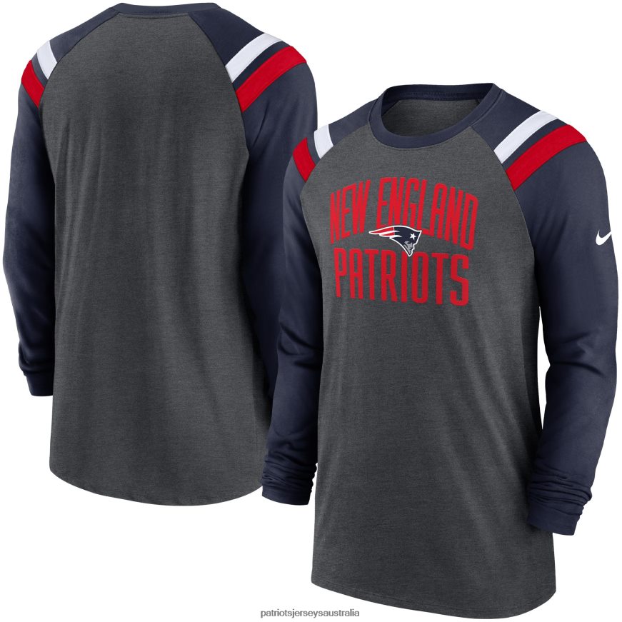 Men Nike Heathered Charcoal/Navy Tri-Blend Raglan Athletic Long Sleeve Fashion T-Shirt ZZ06V21903 Patriots Jersey Clothing