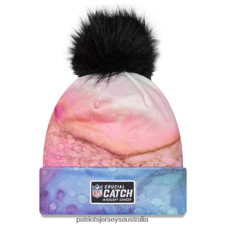 Women New Era Pink/Black 2022 NFL Crucial Catch Pom Knit Hat ZZ06V22310 Patriots Jersey Accessories