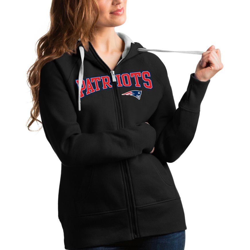 Women Antigua Black Wordmark Victory Full-Zip Hoodie ZZ06V22466 Patriots Jersey Clothing
