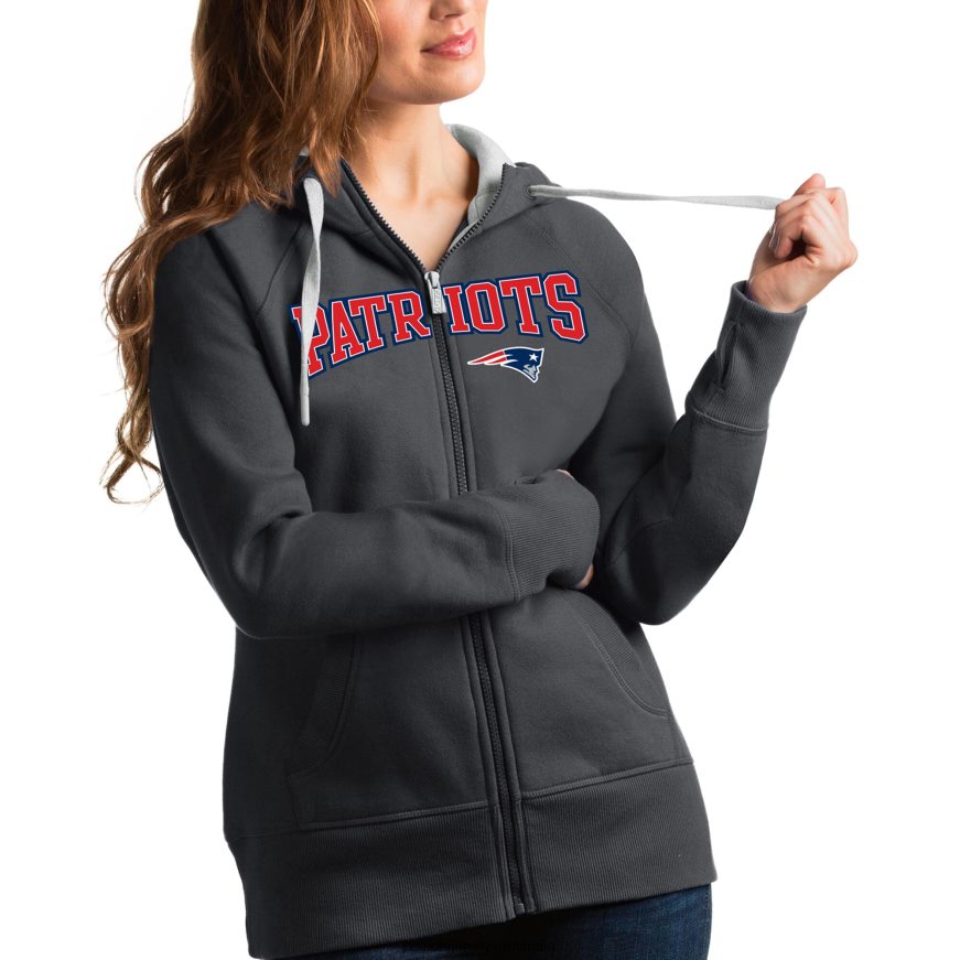 Women Antigua Charcoal Wordmark Victory Full-Zip Hoodie ZZ06V22378 Patriots Jersey Clothing
