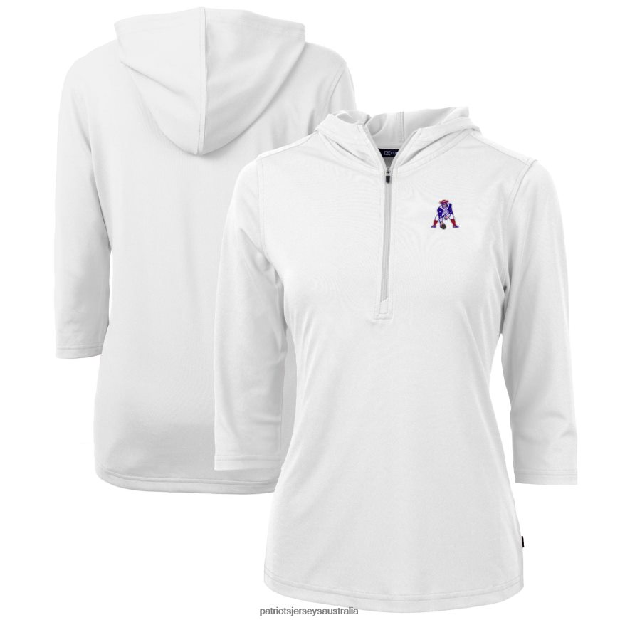 Women Cutter & Buck White Throwback Logo Virtue Eco Pique 3/4 Sleeve Half-Zip Pullover Hoodie ZZ06V21082 Patriots Jersey Clothing