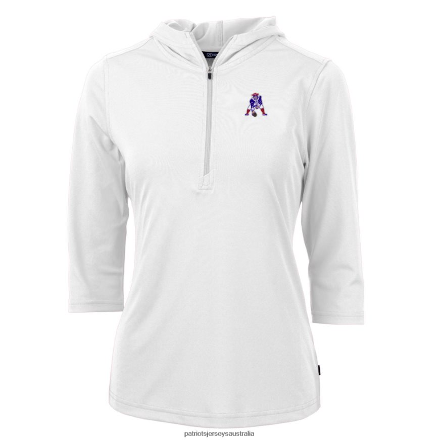 Women Cutter & Buck White Throwback Logo Virtue Eco Pique 3/4 Sleeve Half-Zip Pullover Hoodie ZZ06V21082 Patriots Jersey Clothing