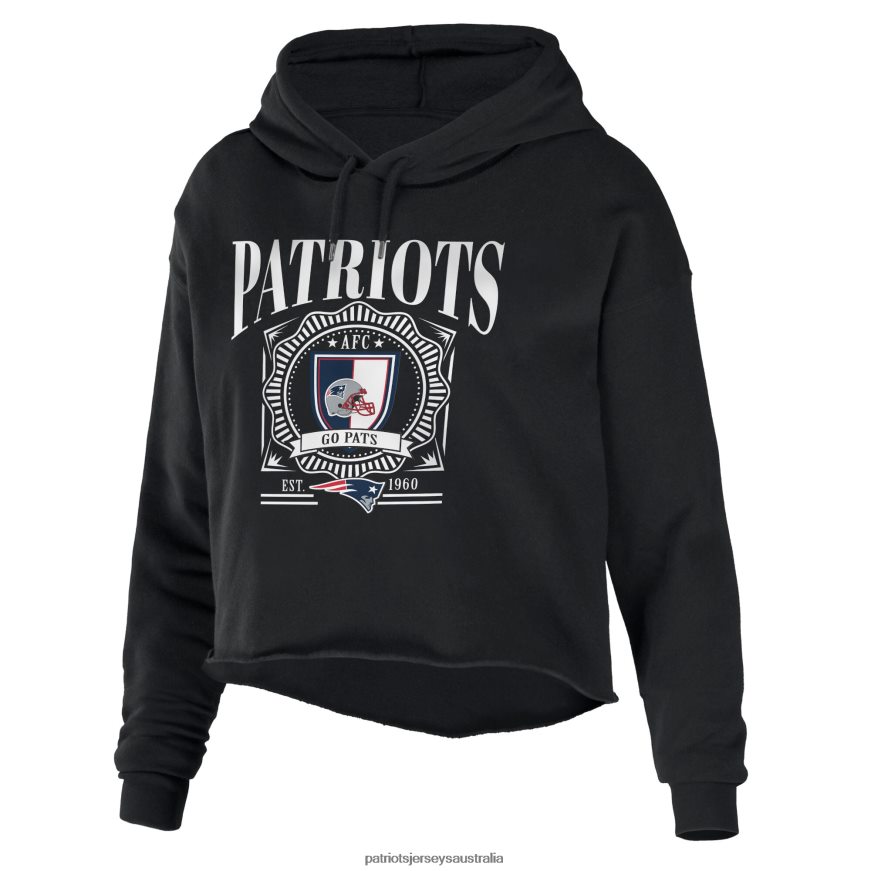Women WEAR by Erin Andrews Black Cropped Sponge Fleece Pullover Hoodie ZZ06V22349 Patriots Jersey Clothing