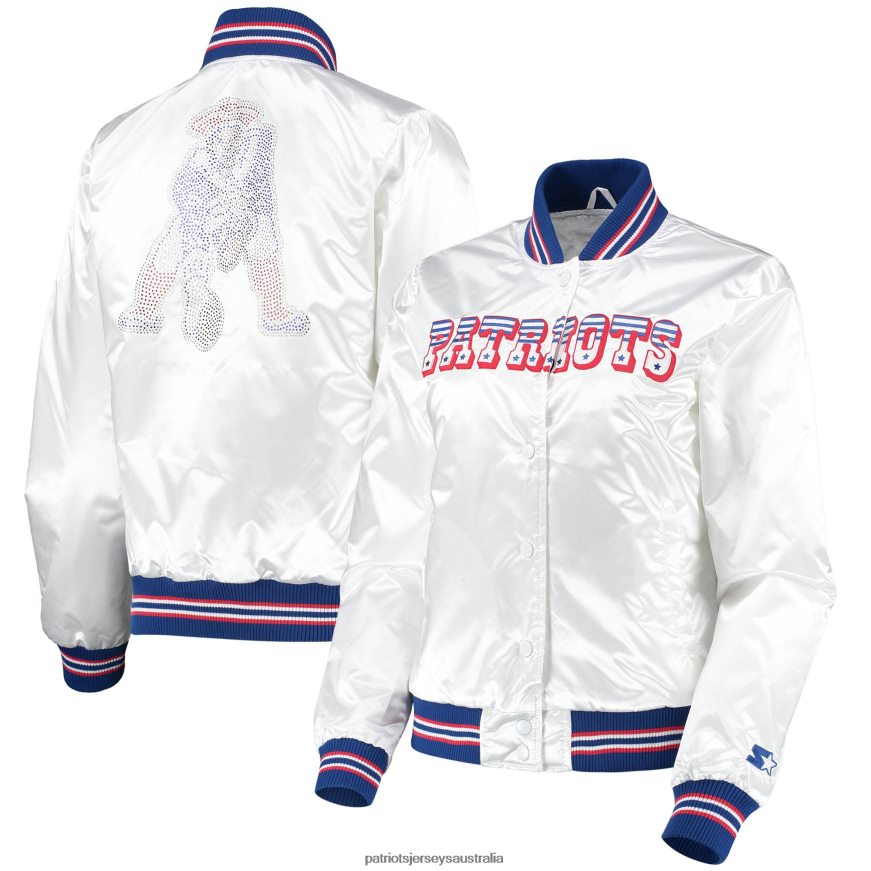 Women Starter White High Post Satin Rhinestone Full-Snap Jacket ZZ06V2964 Patriots Jersey Clothing