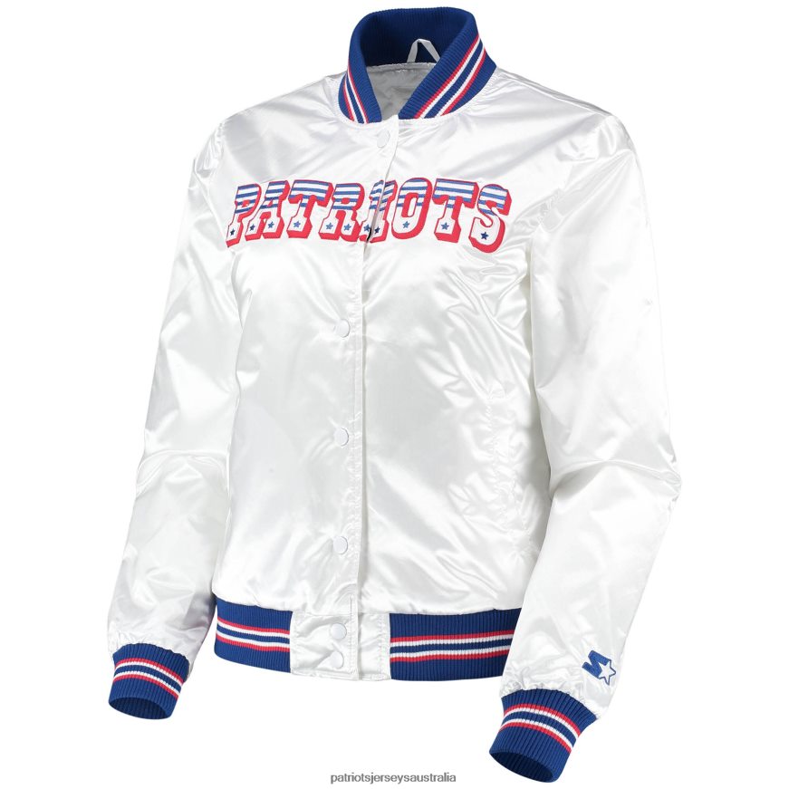 Women Starter White High Post Satin Rhinestone Full-Snap Jacket ZZ06V2964 Patriots Jersey Clothing