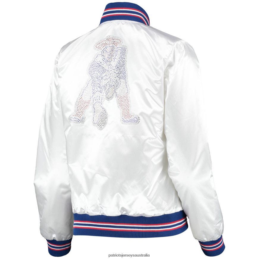 Women Starter White High Post Satin Rhinestone Full-Snap Jacket ZZ06V2964 Patriots Jersey Clothing