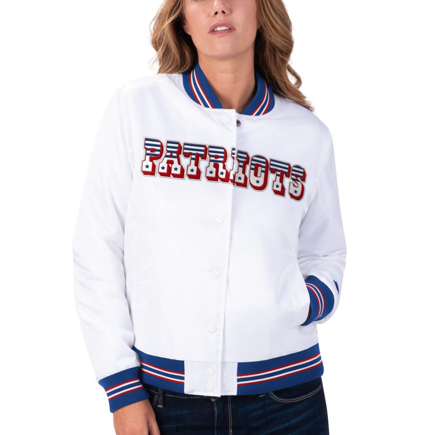 Women Starter White High Post Satin Rhinestone Full-Snap Jacket ZZ06V2964 Patriots Jersey Clothing