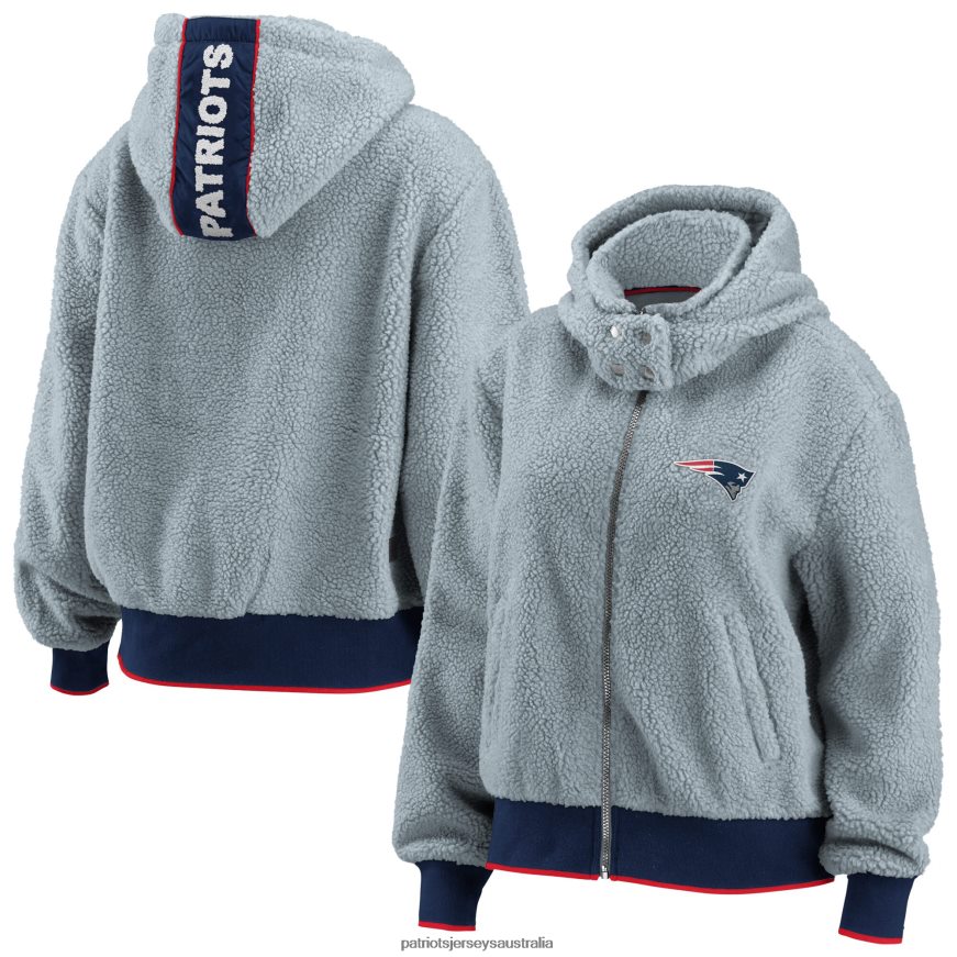 Women WEAR by Erin Andrews Gray Sherpa Full-Zip Hoodie Jacket ZZ06V2955 Patriots Jersey Clothing