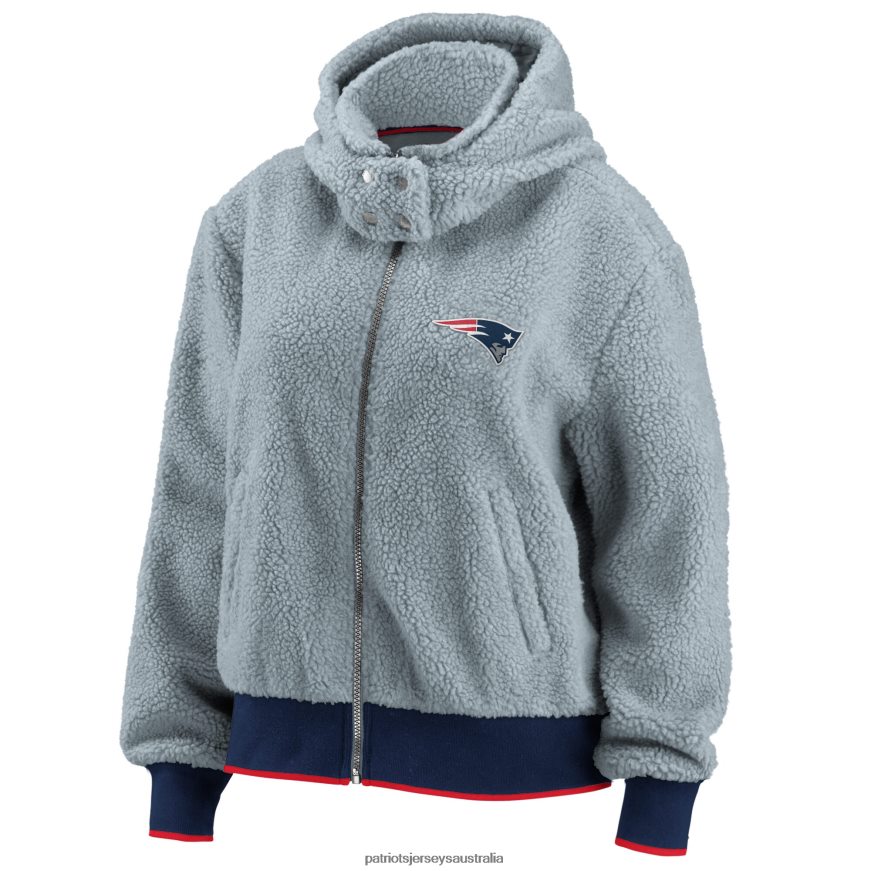 Women WEAR by Erin Andrews Gray Sherpa Full-Zip Hoodie Jacket ZZ06V2955 Patriots Jersey Clothing