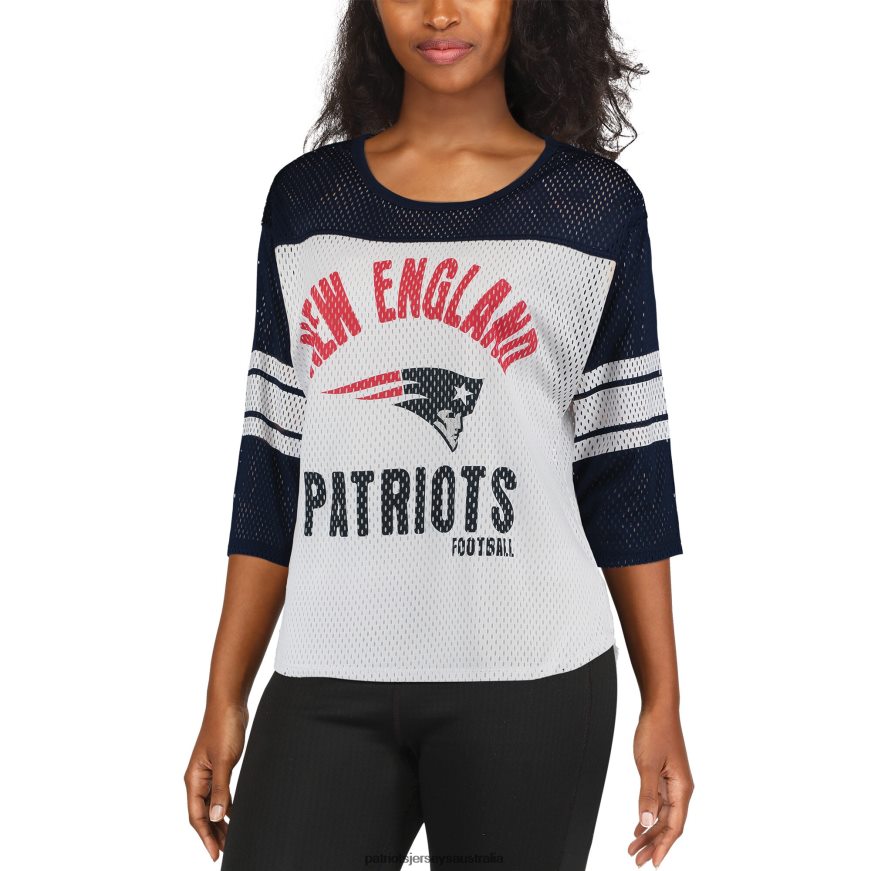 Women G-III 4Her by Carl Banks White/Navy First Team Three-Quarter Sleeve Mesh T-Shirt ZZ06V22721 Patriots Jersey Clothing