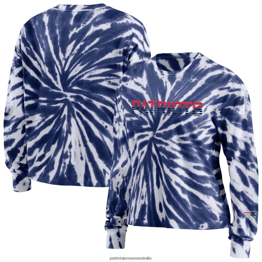Women WEAR by Erin Andrews Navy Tie-Dye Cropped Long Sleeve T-Shirt ZZ06V22672 Patriots Jersey Clothing