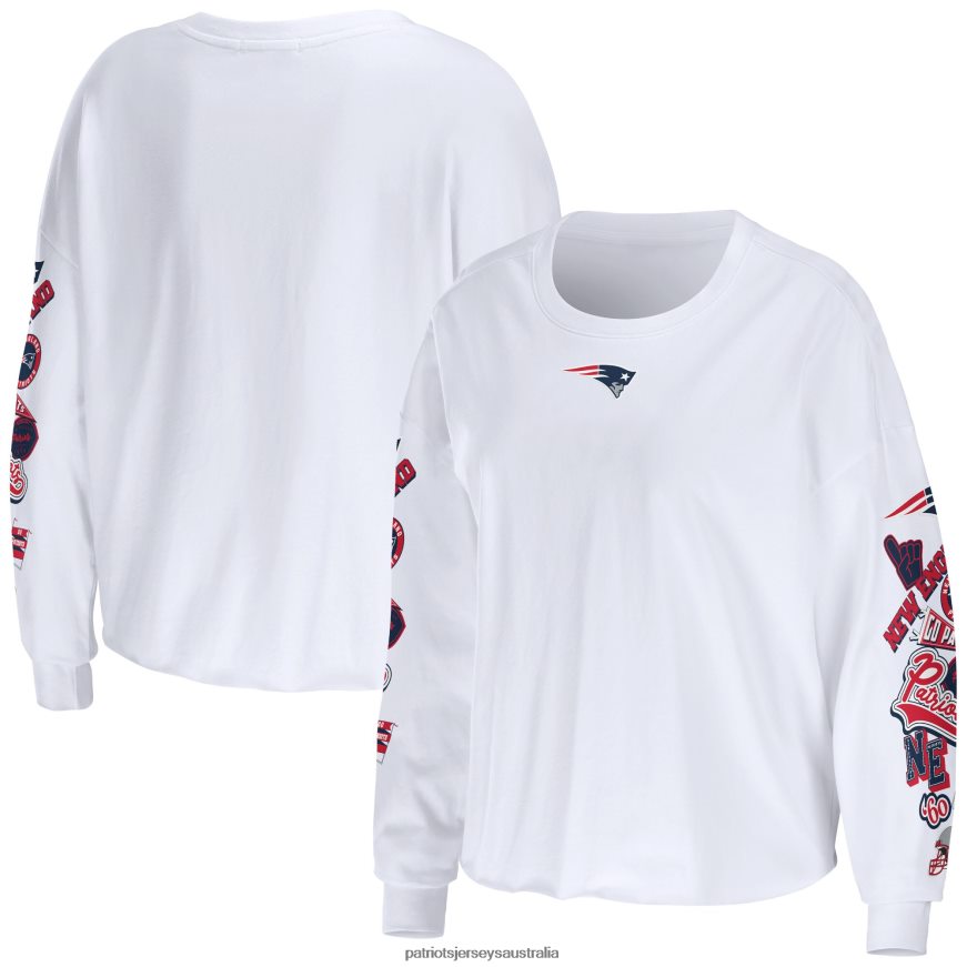 Women WEAR by Erin Andrews White Celebration Cropped Long Sleeve T-Shirt ZZ06V22687 Patriots Jersey Clothing