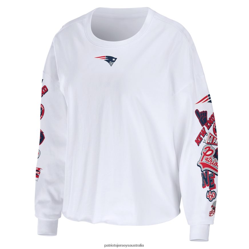 Women WEAR by Erin Andrews White Celebration Cropped Long Sleeve T-Shirt ZZ06V22687 Patriots Jersey Clothing