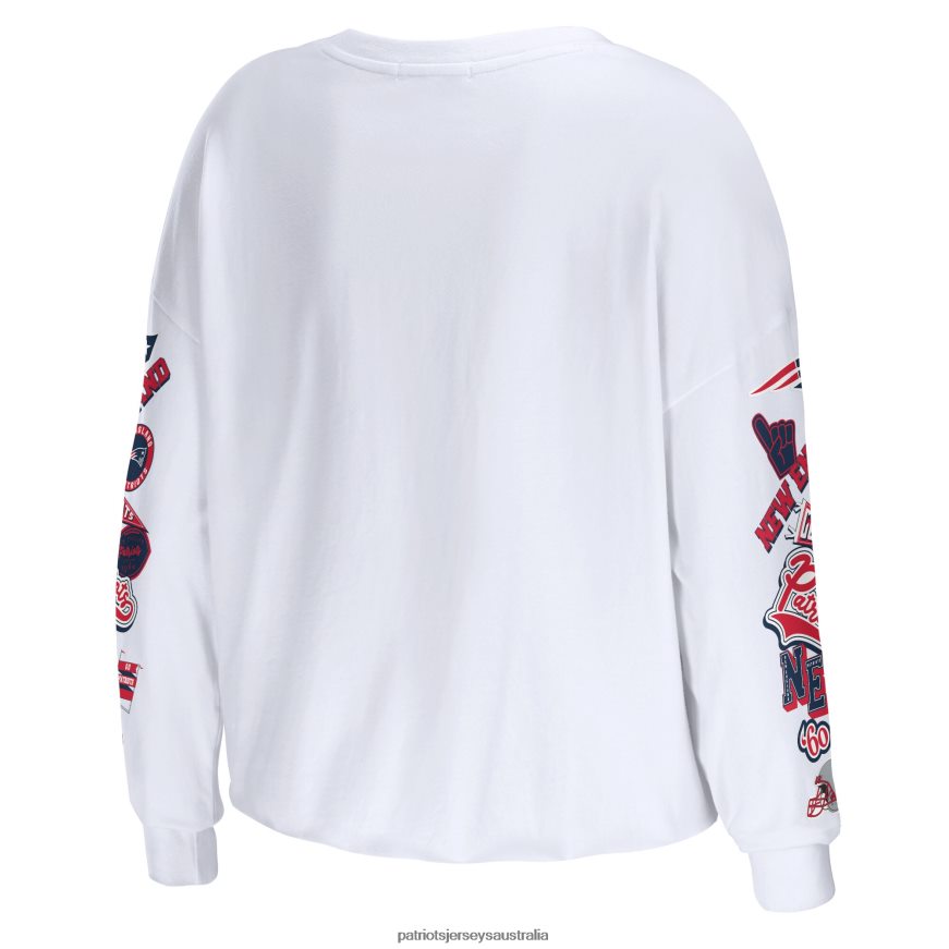 Women WEAR by Erin Andrews White Celebration Cropped Long Sleeve T-Shirt ZZ06V22687 Patriots Jersey Clothing