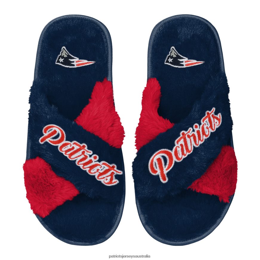 Women FOCO Navy Two-Tone Crossover Faux Fur Slide Slippers ZZ06V22250 Patriots Jersey Footwear